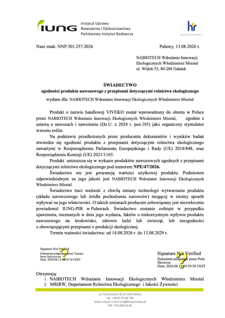 Świadectwo IUNG-PIB zgodności VIVEKO z przepisami rolnictwa ekologicznego, nr NPE/47/2026